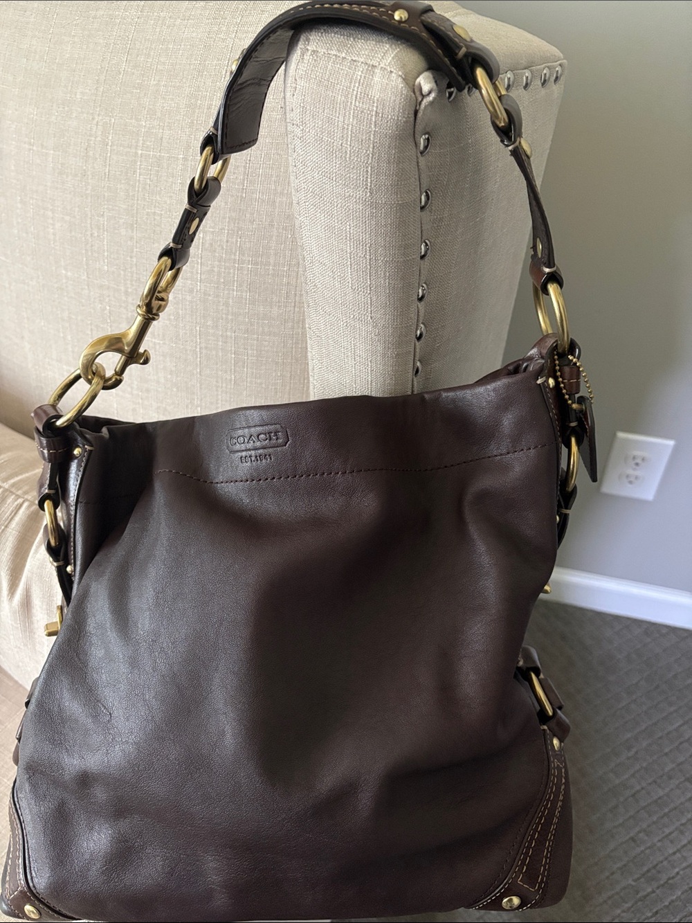 Coach Dark Brown Leather Shoulder Hobo Bag with Brass Hardware